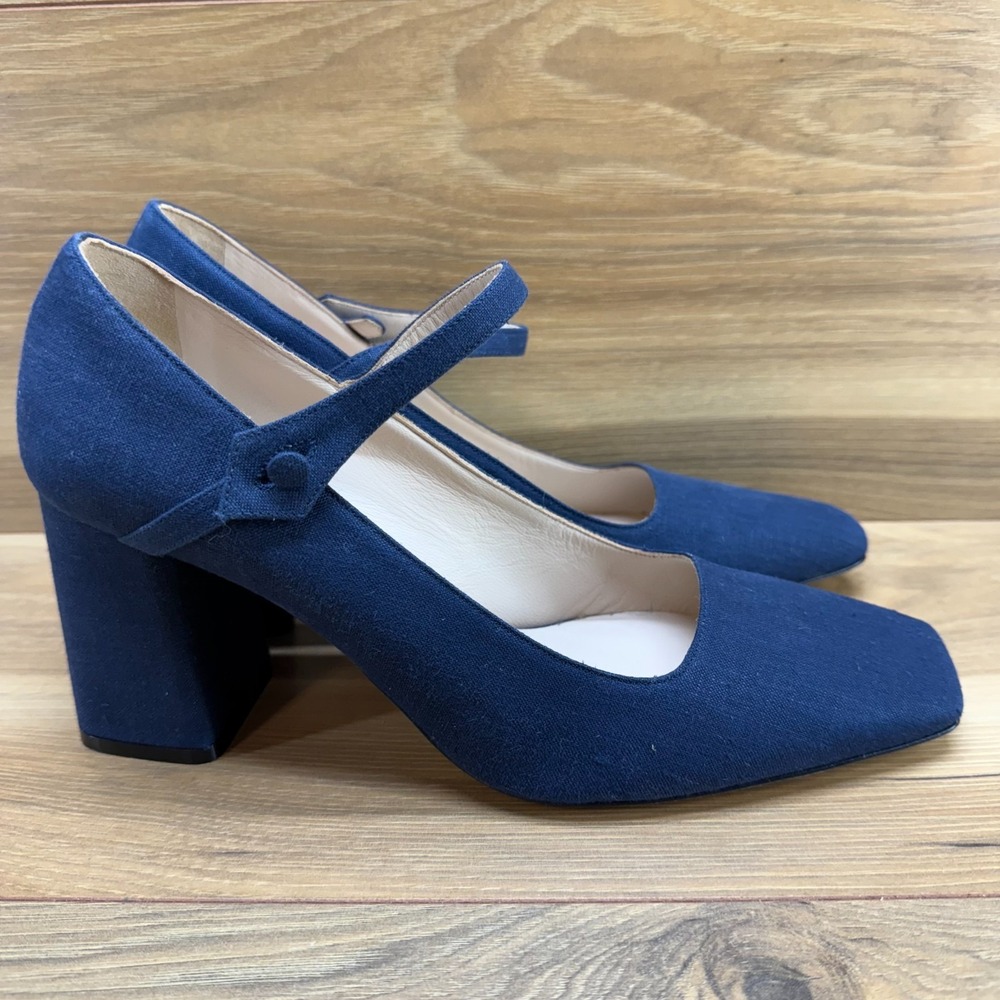 LE MONDE Beryl Square Toe Mary Janes 10 EU 40 Navy Blue Linen Pumps